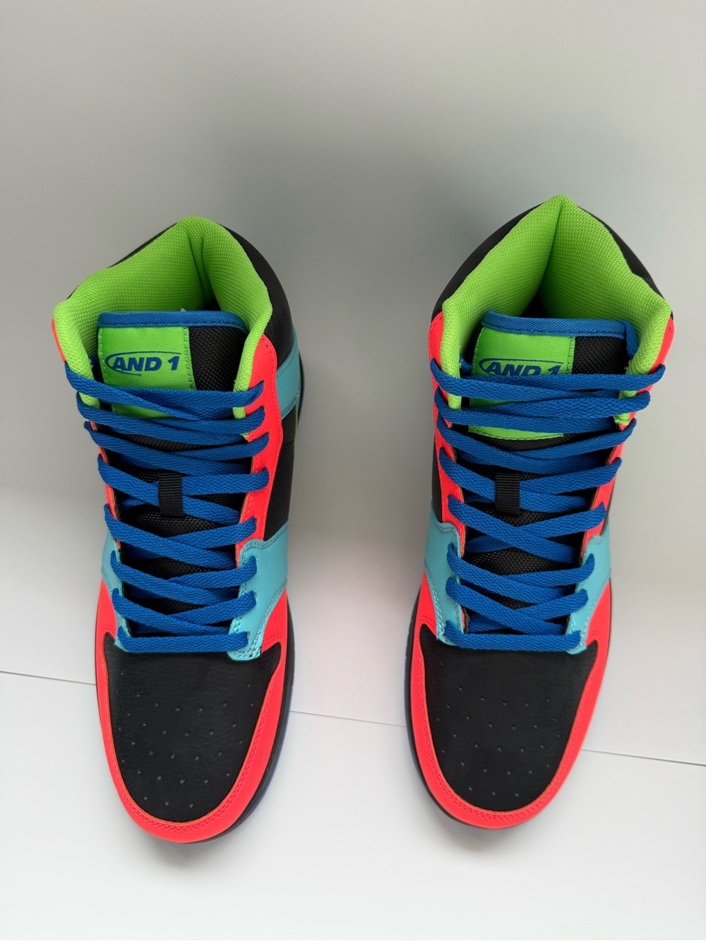 And1 High-Top Sneakers in Black, Blue, Neon Green & Coral